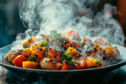 Grilled pork chop dish with vegetables and aromatic steam in a cozy restauran...