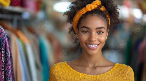 Smiling young woman with curly hair wearing yellow sweater and headband in vi...