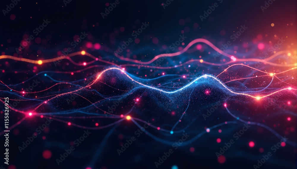 Abstract Digital Wave Pattern with Glowing Light Effects, Energy Flow on Dark Background with Luminous Particles Abstract Digital Wave Pattern with Glowing Light Effects, Energy Flow on Dark Background with Luminous Particles