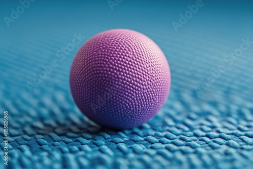 Vibrant purple sphere resting on a textured blue surface with soft lighting