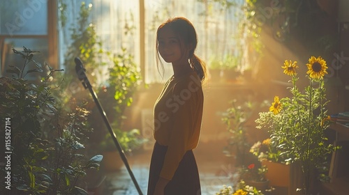 Enchanting silhouette of a woman in a sunlit garden during golden hour
