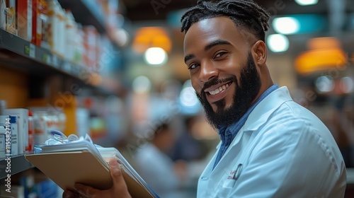 Smiling pharmacist assisting customers in a busy pharmacy store during daytime