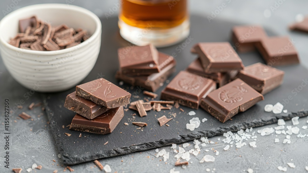 Whiskey-infused dark chocolate with coarse salt on a Black slate, chocolate photography Whiskey-infused dark chocolate with coarse salt on a Black slate, chocolate photography