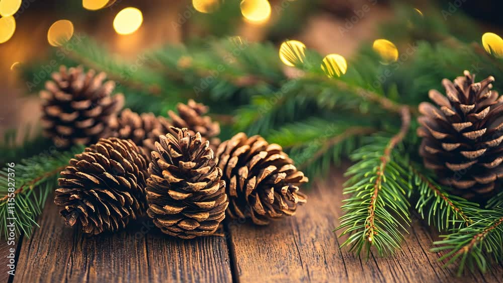 Beautiful pine cones arranged with evergreen branches on a rustic wooden surface during winter season