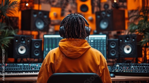 Music producer working in a studio with headphones on surrounded by equipment