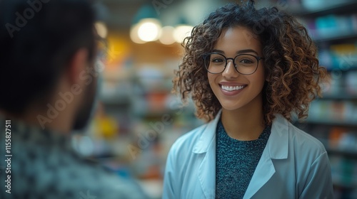 Friendly pharmacist engaging with a customer in a modern pharmacy setting dur...