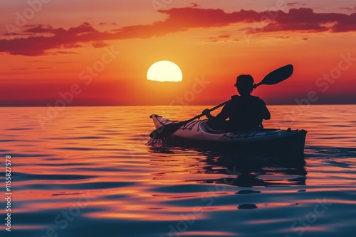 Kayaker enjoying sunset on tranquil water with golden reflections near trees