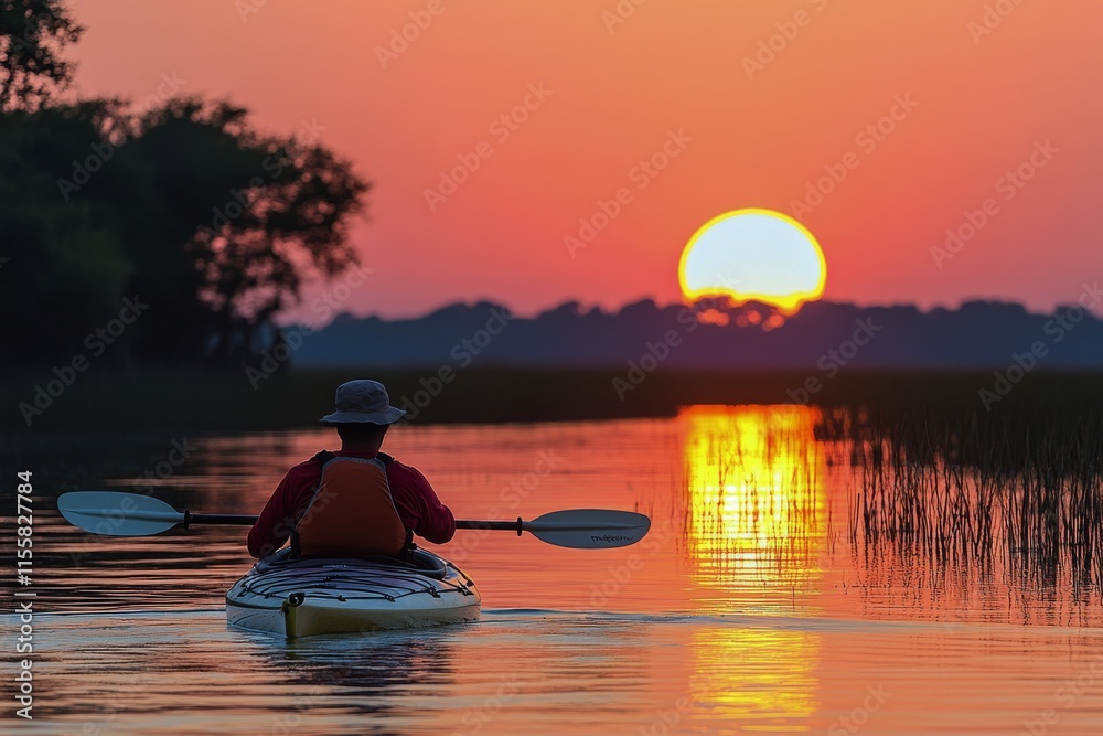 Kayaker enjoying sunset on tranquil water with golden reflections near trees Kayaker enjoying sunset on tranquil water with golden reflections near trees
