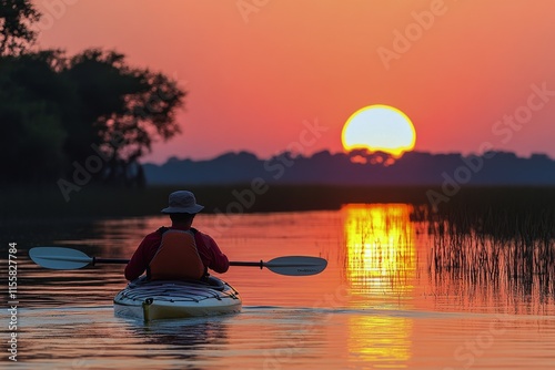 Kayaker enjoying sunset on tranquil water with golden reflections near trees