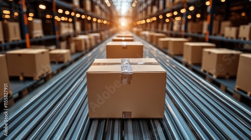 Warehouse filled with stacked cardboard boxes ready for shipment in a large d...