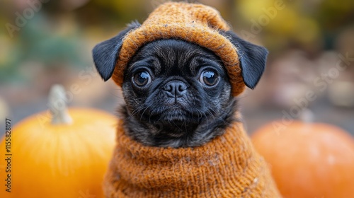 Cute puppy in a yellow hoodie with adorable expression against dark background