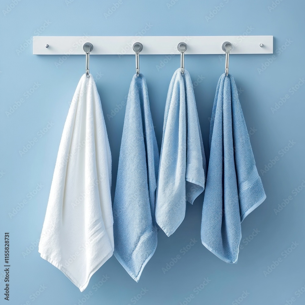 Four bath towels hanging on a rack against a blue wall. Four bath towels hanging on a rack against a blue wall.