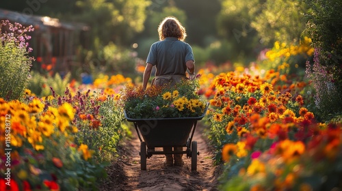 Gardening at sunset with a wheelbarrow full of plants in a vibrant flower garden
