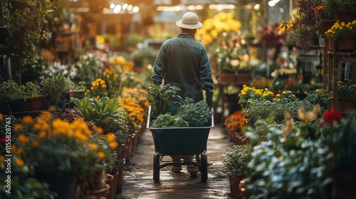 Gardening at sunset with a wheelbarrow full of plants in a vibrant flower garden