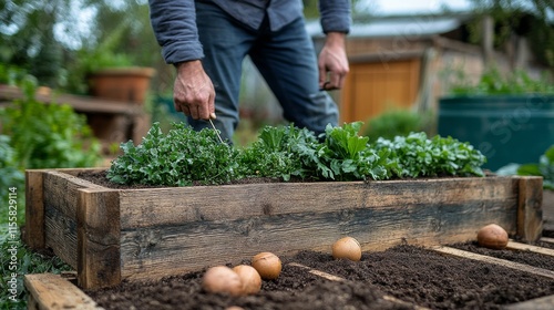 Gardening in raised bed with colorful flowers in a sunny outdoor setting