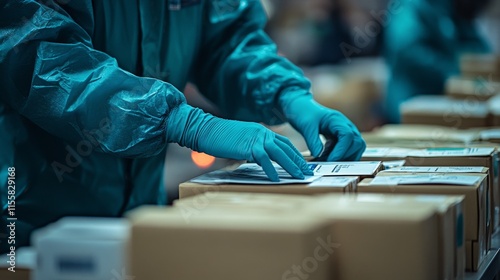 People preparing boxed items while wearing protective gloves in a distributio...