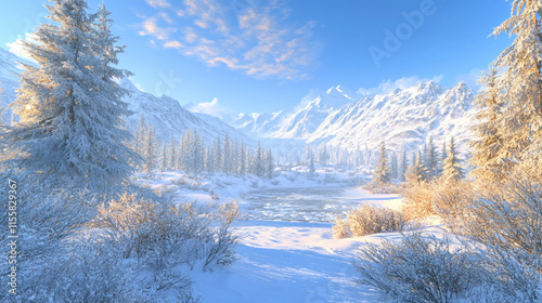 Fantastic winter landscape with snowy trees and melting snow, clear blue sky and untouched white snow with large trees, Winter snow covered mountain peaks with large trees.	