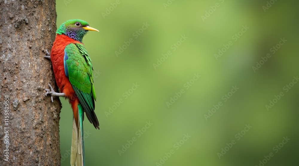Obraz premium Resplendent Quetzal Perched on Tree Trunk