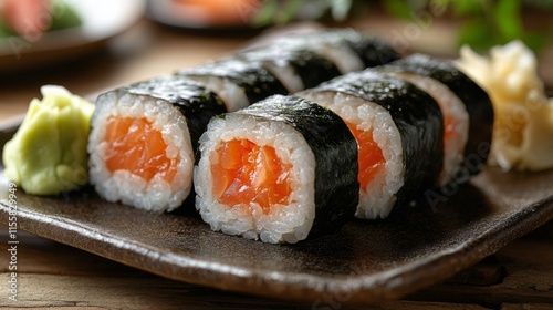 Fresh salmon sushi rolls garnished with herbs served in a stylish restaurant ...