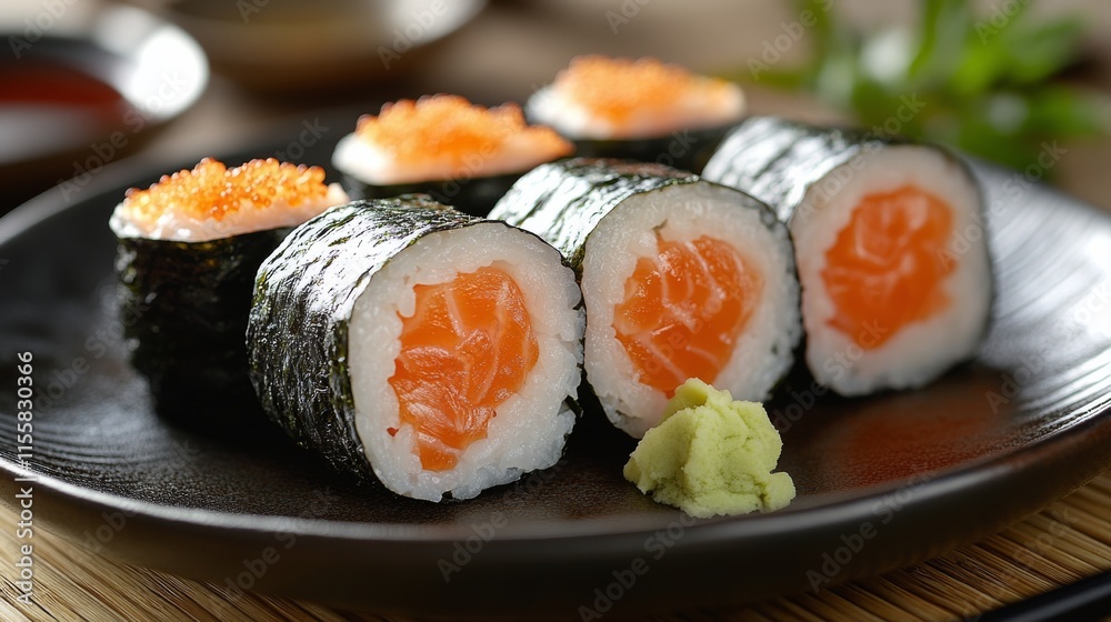 Fresh salmon sushi rolls garnished with herbs served in a stylish restaurant setting Fresh salmon sushi rolls garnished with herbs served in a stylish restaurant setting