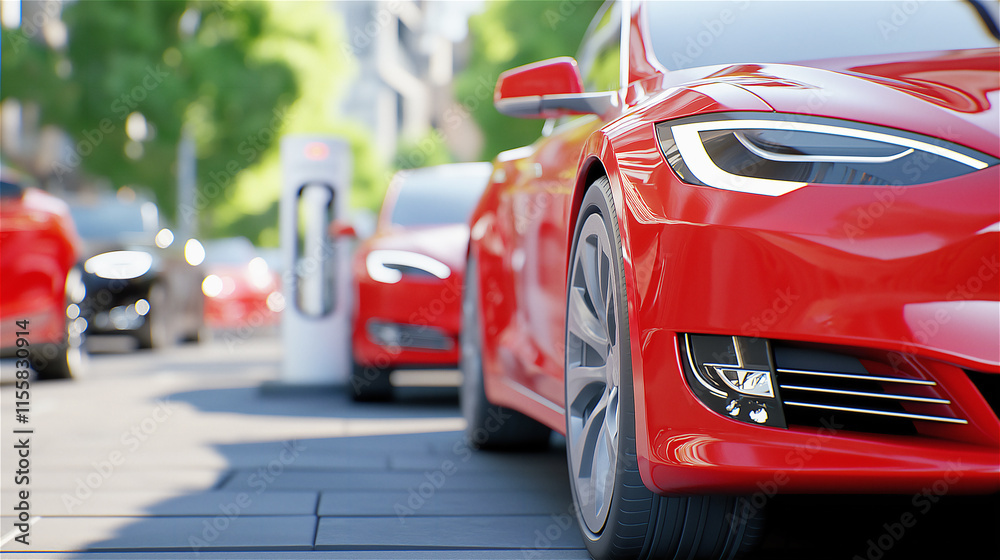 Obraz premium Close-up of a red electric car charging at a public charging station in a sunny urban street, highlighting sustainable transportation and modern design.