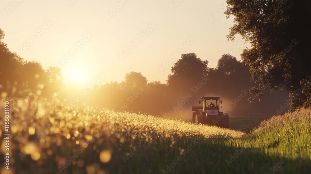 Tranquil Farm Scene with Warm Light and Machinery Tranquil Farm Scene with Warm Light and Machinery
