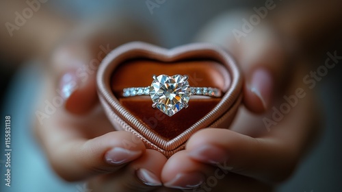Heart-shaped box reveals sparkling diamond ring held gently by delicate hands