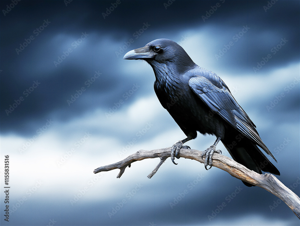 Obraz premium Majestic black raven perched against a dramatic cloudy sky, symbolizing mystery and intelligence. Perfect for nature, storytelling, or gothic-inspired themes.