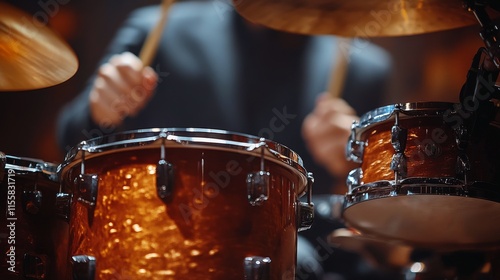 Live drummer performing in a vibrant music venue during a nighttime concert e...