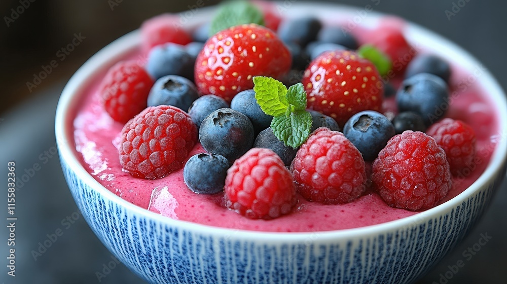 Fresh Berry Smoothie Bowl with Raspberries, Blueberries, and Strawberries Topped with Mint and Vibrant Colors for a Healthy Breakfast or Snack Option Fresh Berry Smoothie Bowl with Raspberries, Blueberries, and Strawberries Topped with Mint and Vibrant Colors for a Healthy Breakfast or Snack Option