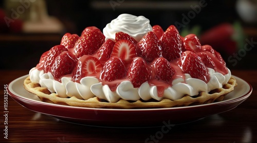 Delicious waffles topped with fresh strawberries, yogurt, and granola in a co...