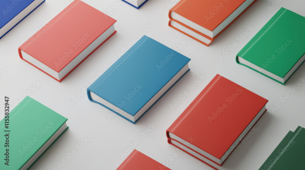 Fototapeta premium A set of bright, bold-colored books, such as crimson red
