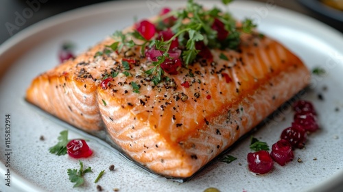 Grilled salmon fillet with herbs and fresh vegetables served on a white plate