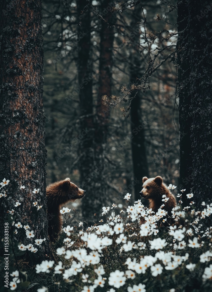 two brown bear cubs climbing on trees in the forest, during the summer, with wild white flowers around and a green pine tree background two brown bear cubs climbing on trees in the forest, during the summer, with wild white flowers around and a green pine tree background