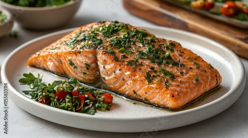 Grilled salmon fillet with herbs and fresh vegetables served on a white plate