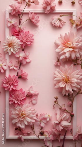 Beautiful arrangement of pink flowers on a soft pink background for a delicat...