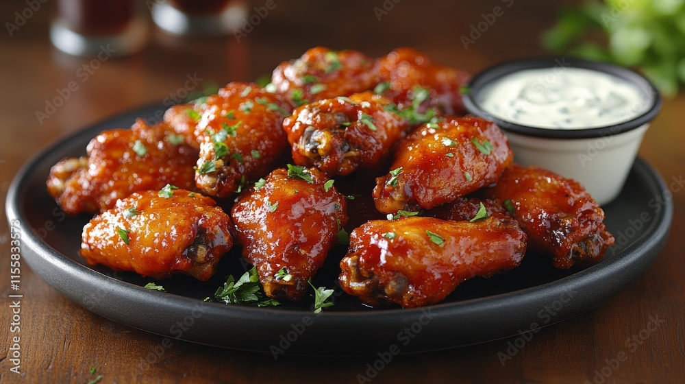 Flavorful chicken wings served with creamy dip and garnished with fresh herbs on a plate Flavorful chicken wings served with creamy dip and garnished with fresh herbs on a plate