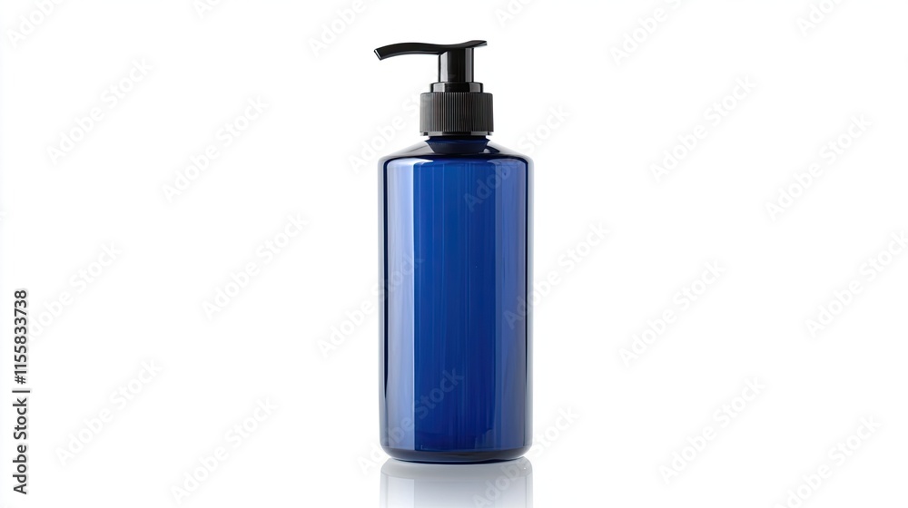 A blue shampoo bottle with a pump dispenser against a clean white background A blue shampoo bottle with a pump dispenser against a clean white background