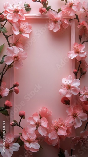 Beautiful arrangement of pink flowers on a soft pink background for a delicat...