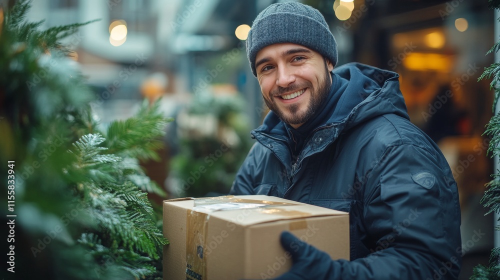 Delivery professional smiling with a package surrounded by greenery in a bustling urban area Delivery professional smiling with a package surrounded by greenery in a bustling urban area