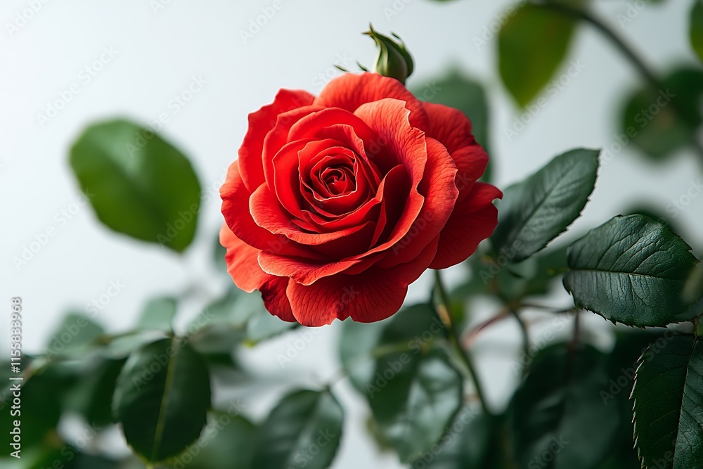 Vibrant red rose in full bloom with detailed petals, surrounded by fresh green leaves on a white background. Vibrant red rose in full bloom with detailed petals, surrounded by fresh green leaves on a white background.