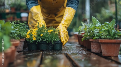 Gardener preparing soil in a greenhouse during morning hours