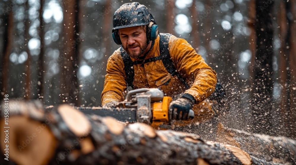 Lumberjack cutting wood with chainsaw.