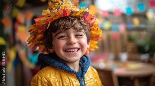 Joyful child in colorful costume celebrates at outdoor party with friends in ...