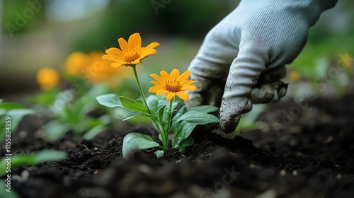 Gardening activity in a colorful flower garden during a sunny day in spring