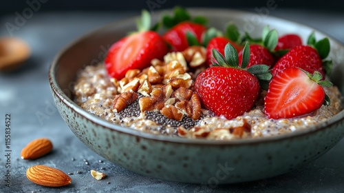 Fresh strawberries and nuts served on creamy yogurt in a stylish bowl