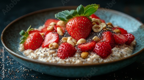 Fresh strawberries and nuts served on creamy yogurt in a stylish bowl