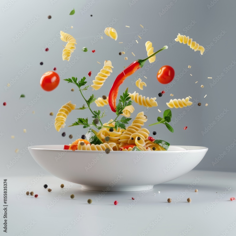 Macaroni pasta meal on white plate with falling 