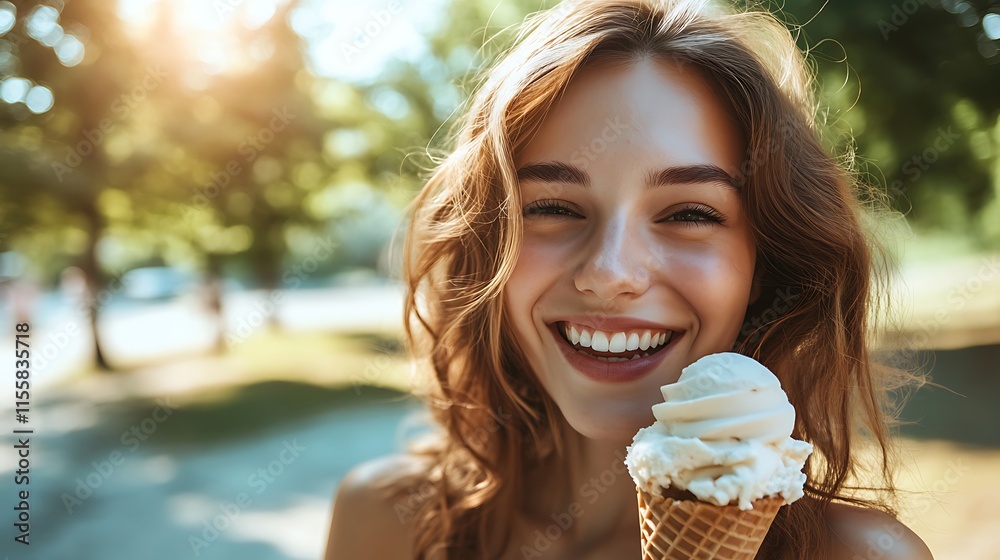 Create a joyful photo of a woman holding an ice cream cone, smiling happily Create a joyful photo of a woman holding an ice cream cone, smiling happily