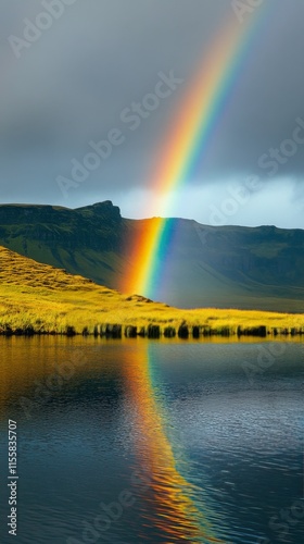 Colorful rainbow arcs over serene lake in a picturesque landscape at dusk